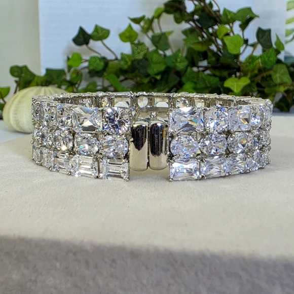 Quality Triple Row Cubic Zirconia Crystal Statement Bangle Bracelet - Picture 7 of 13
